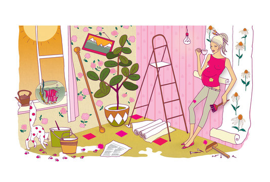 Last preparations before the birth of a child. A pregnant woman with a huge belly does repairs and re-glues the wallpaper. Chaos and rout. Humor