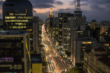 Sao Paulo, Brazil, May 17, 2018. Aerial view of Paulista Avenue and sky line of Sao Paulo city at...