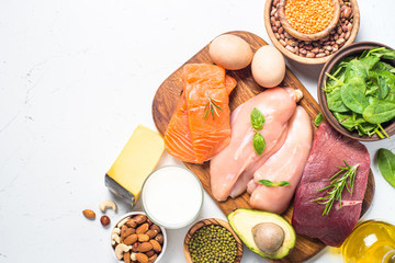 Protein sources - meat, fish, cheese, nuts, beans and greens.