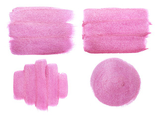 Set of watercolor pink metallic smears on a white background. Hand painted shining brush strokes for your project