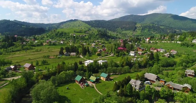 Aerial view of the village landscape in mountains. Vorohta, Ukraine