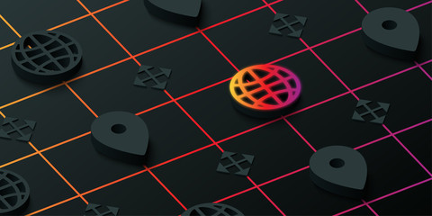 Black 3d navigation background with web symbols.