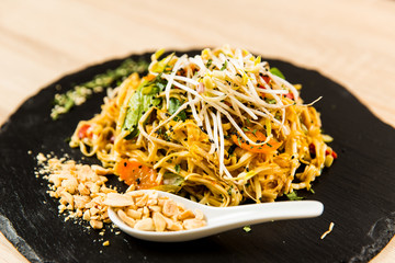 Popular Thai recipe,Pad Thai with  chicken and rice noodles