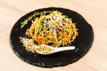 Popular Thai recipe,Pad Thai with  chicken and rice noodles