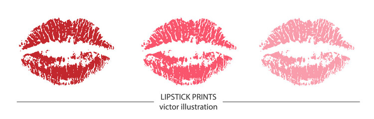 Set of red and pink lipstick prints on white background. Romantic print with lips. Realistic vector illustration. Kissing lips vector design for poster, decoration, logo, card, banner, postcard, print