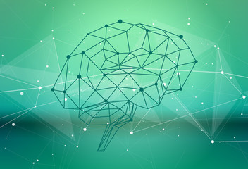 human brain of triangles, lines & dots located on a green technological background - conceptual illustration symbolizing artificial intelligence & modern biotechnology & HUD interface - obrazy, fototapety, plakaty