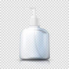Vector 3d realistic transparent plastic bottle with pump cap on plaid background. Mock-up for product package branding.