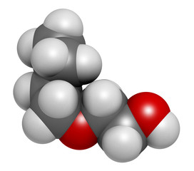 2-butoxyethanol molecule. Used as solvent and surfactant. 3D rendering. Atoms are represented as spheres with conventional color coding: hydrogen (white), carbon (grey), oxygen (red).