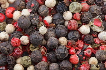 Colored peppers mix. Red, black, green and white pepper. Spice.