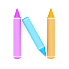 Colored wax crayons assembled like capital letter N on white background, 3D rendered font image for education, art and childish typography