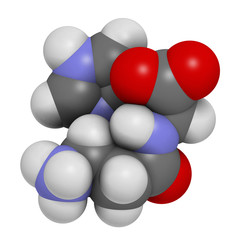 Carnosine (L-carnosine) food supplement molecule. 3D rendering. Atoms are represented as spheres with conventional color coding: hydrogen (white), carbon (grey), oxygen (red), nitrogen (blue).