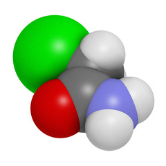 Chloroacetamide preservative molecule. 3D rendering. Atoms are represented as spheres with conventional color coding: hydrogen (white), carbon (grey), oxygen (red), nitrogen (blue), chlorine (green).