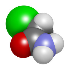 Chloroacetamide preservative molecule. 3D rendering. Atoms are represented as spheres with conventional color coding: hydrogen (white), carbon (grey), oxygen (red), nitrogen (blue), chlorine (green).