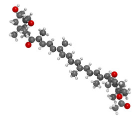 Fucoxanthin brown algae pigment molecule. Ingredient of some dietary supplements. 3D rendering. Atoms are represented as spheres with conventional color coding: hydrogen (white), etc