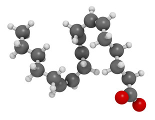 Gamma-linolenic acid (GLA, gamolenic acid) molecule. Omega-6 fatty acid present in many vegetable oils, including evening primrose, chia, hemp and borage seed oils. 3D rendering. 