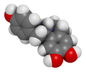 Higenamine herbal molecule. Present in some fat burner food supplements. 3D rendering. Atoms are represented as spheres with conventional color coding: hydrogen (white), carbon (grey), etc