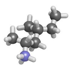 Methylhexanamine (dimethylamylamine, DMAA) stimulant molecule. 3D rendering. Atoms are represented as spheres with conventional color coding: hydrogen (white), etc