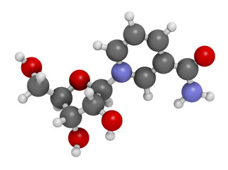 Nicotinamide riboside (NR) molecule. Precursor of nicotinamide adenine dinucleotide (NAD).  3D rendering. Atoms are represented as spheres with conventional color.