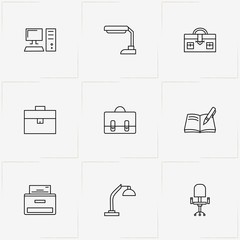 Office line icon set with case, note book and table lamp