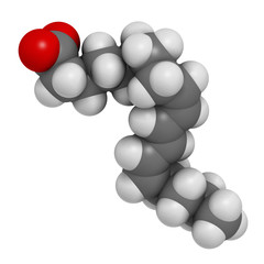 Punicic acid (trichosanic acid) molecule. Fatty acid present in pomegranate (Punica granatum). 3D rendering. Atoms are represented as spheres with conventional color coding: hydrogen (white), etc