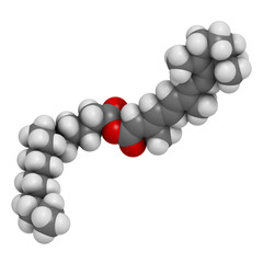 Retinyl palmitate vitamin supplement molecule. Ester of vitamin A (retinol) and palmitic acid. 3D rendering. Atoms are represented as spheres with conventional color coding: hydrogen (white), etc