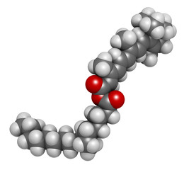 Retinyl palmitate vitamin supplement molecule. Ester of vitamin A (retinol) and palmitic acid. 3D rendering. Atoms are represented as spheres with conventional color coding: hydrogen (white), etc