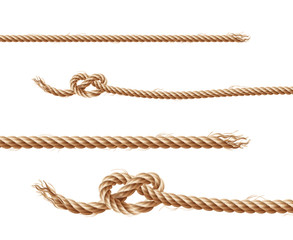 Vector set of realistic brown ropes, jute or hemp twisted cords with loops and knots, isolated on white background. Clipart of various twines, decorative elements for borders and frames