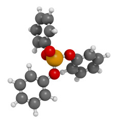 Triphenyl phosphate molecule. Used as flame retardant and plasticizer. 3D rendering. Atoms are represented as spheres with conventional color coding: hydrogen (white), etc