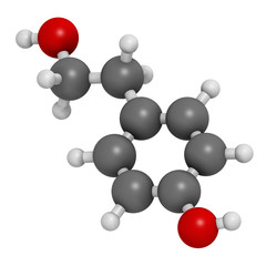 Tyrosol olive oil antioxidant molecule. 3D rendering. Atoms are represented as spheres with conventional color coding: hydrogen (white), carbon (grey), oxygen (red).