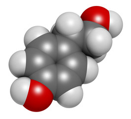 Tyrosol olive oil antioxidant molecule. 3D rendering. Atoms are represented as spheres with conventional color coding: hydrogen (white), carbon (grey), oxygen (red).