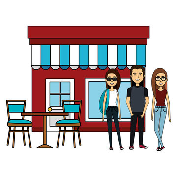 group of friends outside the restaurant vector illustration design