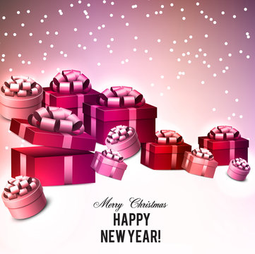 Christmas background with gifts. Xmas boxes with bows and place for text.  Vector Illustration.