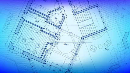 architectural blueprint - the architectural plan of a modern residential building with the layout of the interiors of different rooms, elements of furniture & equipment on a  technological background