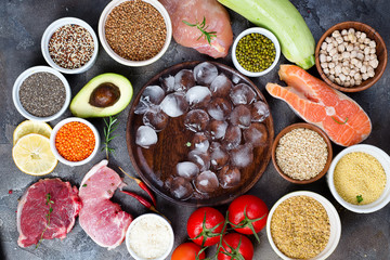 Frame of Healthy food Clean eating selection Including Certain Protein Prevents Cancer on a dark stone backgound