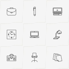 Office line icon set with case, computer  and wall watch