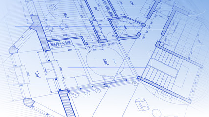 architectural blueprint - the architectural plan of a modern residential building with the layout of the interiors of different rooms, elements of furniture & equipment on a  technological background