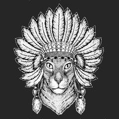 Oriental cat with big ears Traditional ethnic indian boho headdress Tribal shaman hat Ceremonial element