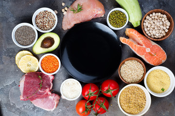 Frame of Healthy food Clean eating selection Including Certain Protein Prevents Cancer on a dark stone backgound