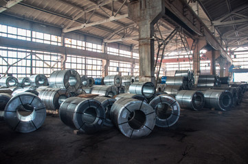 Manufacture of galvanized steel by rolling. Galvanized steel passes through coils. Roll of...