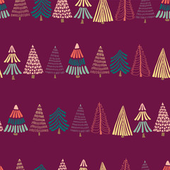 Hand-drawn trees in a row on a dark pink background. Seamless vector pattern. Great for christmas - Perfect for holiday cards, wrapping paper, and fabric.