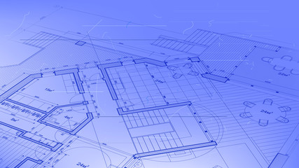 architectural blueprint - the architectural plan of a modern residential building with the layout of the interiors of different rooms, elements of furniture & equipment on a  technological background