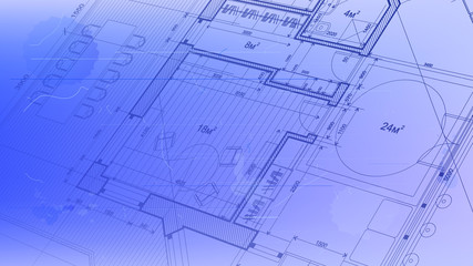 architectural blueprint - the architectural plan of a modern residential building with the layout of the interiors of different rooms, elements of furniture & equipment on a  technological background