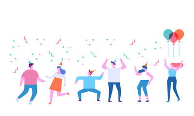 Birthday party. People celebrating, having fun and dancing. Flat vector illustration. 
