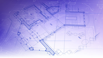 architectural blueprint - the architectural plan of a modern residential building with the layout of the interiors of different rooms, elements of furniture & equipment on a  technological background