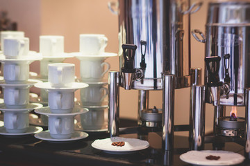 Set of coffee break in the hotel during conference meeting, with tea and coffee catering
