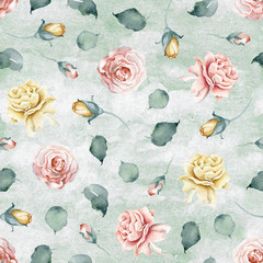 Watercolor Seamless Pattern with Roses on Green Watercolor Background