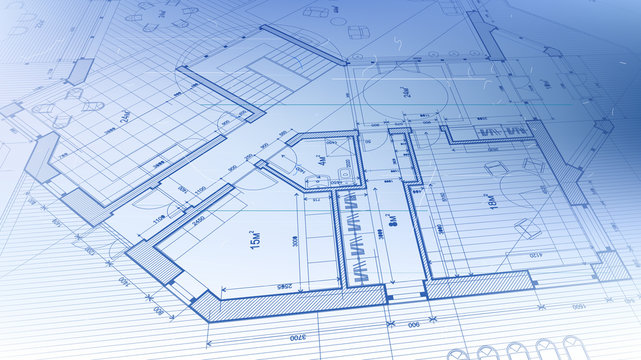 architectural blueprint - the architectural plan of a modern residential building with the layout of the interiors of different rooms, elements of furniture & equipment on a technological background © Uladzimir