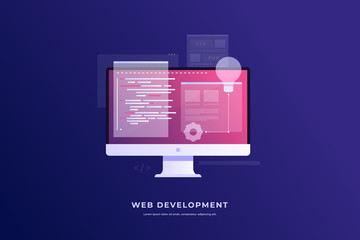 Concept of development and software. Monitor with program code on screen and open web pages. Digital industry. Innovations and technologies. Vector flat illustration.