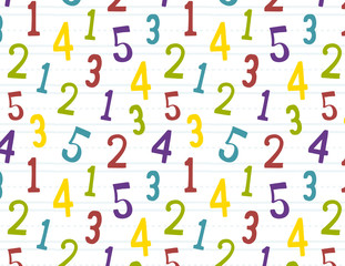 Counting seamless pattern. Hand lettered. Repeating pattern for baby shower paper, gift wrap, apparel, scrapbooking, backgrounds and more. Simple, colorful numbers. Blue, red, yellow, green, purple.