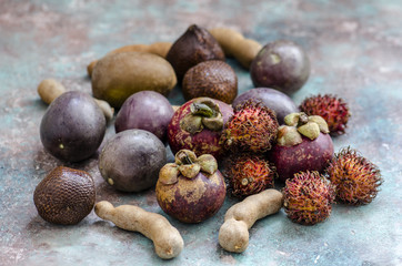 exotic fruits: salak, rambutans, passion fruit, tamarind